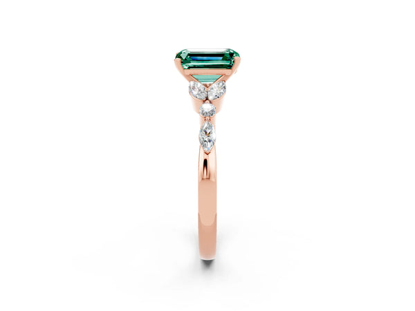 Rose gold Emerald Cut Green Sapphire Solitaire Ring with Side Stones and Four-Prong Setting