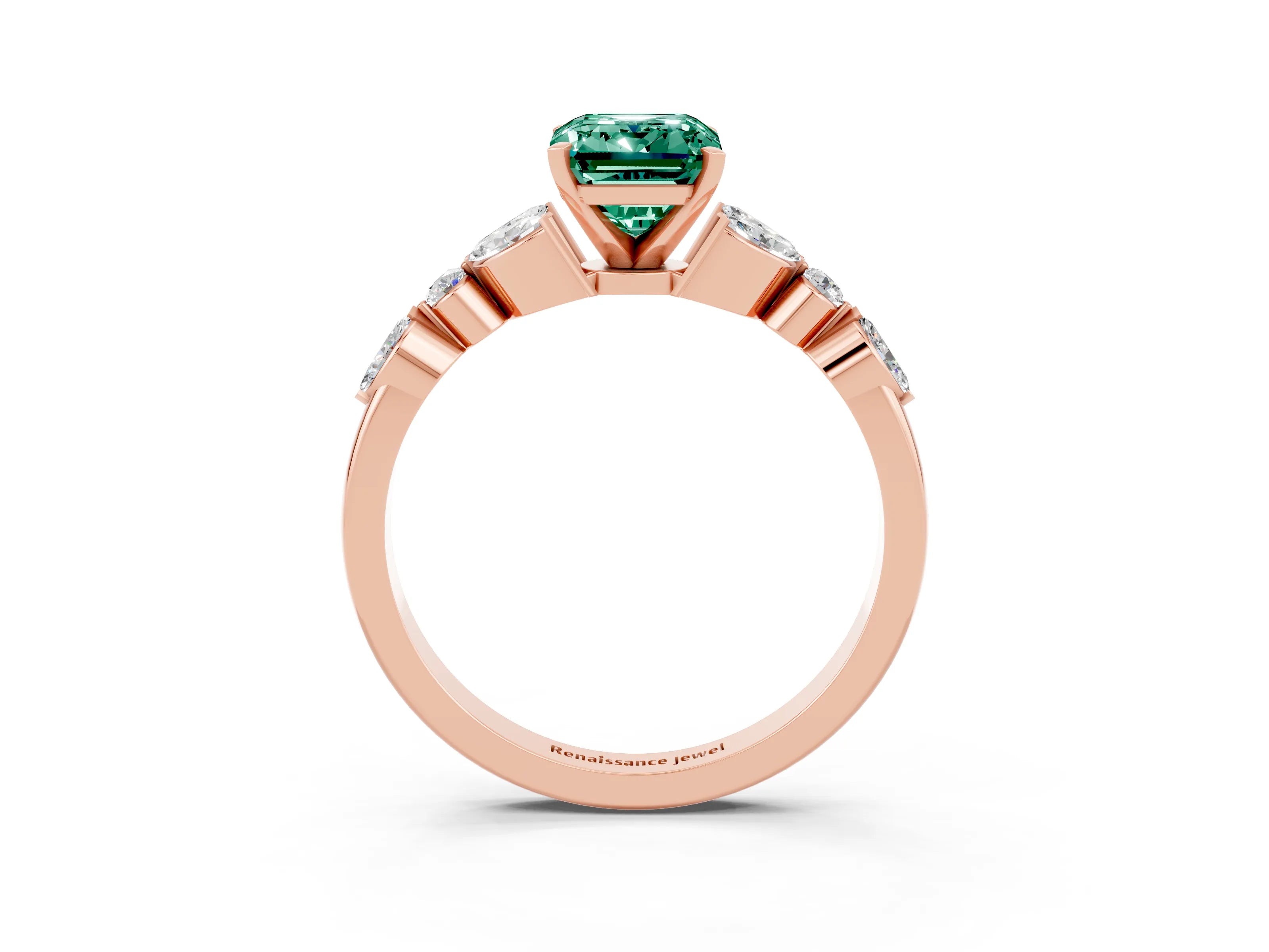 Rose gold Emerald Cut Green Sapphire Solitaire Ring with Side Stones and Four-Prong Setting_15