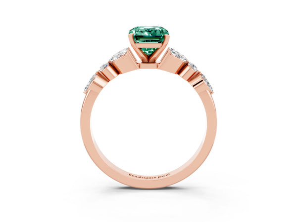 Rose gold Emerald Cut Green Sapphire Solitaire Ring with Side Stones and Four-Prong Setting