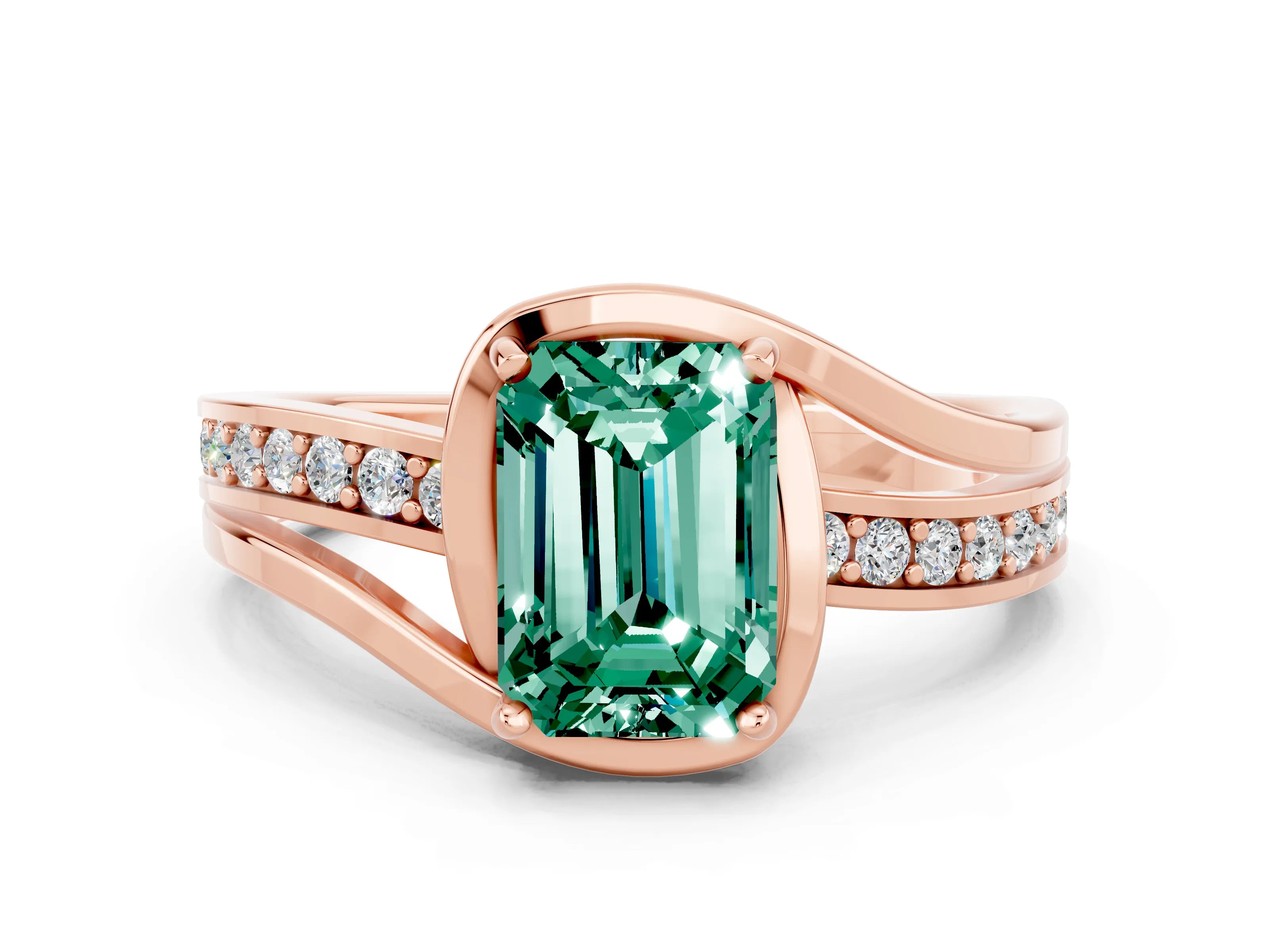 Rose gold Emerald Cut Green Sapphire Solitaire Ring with Split Shank and Prong Setting