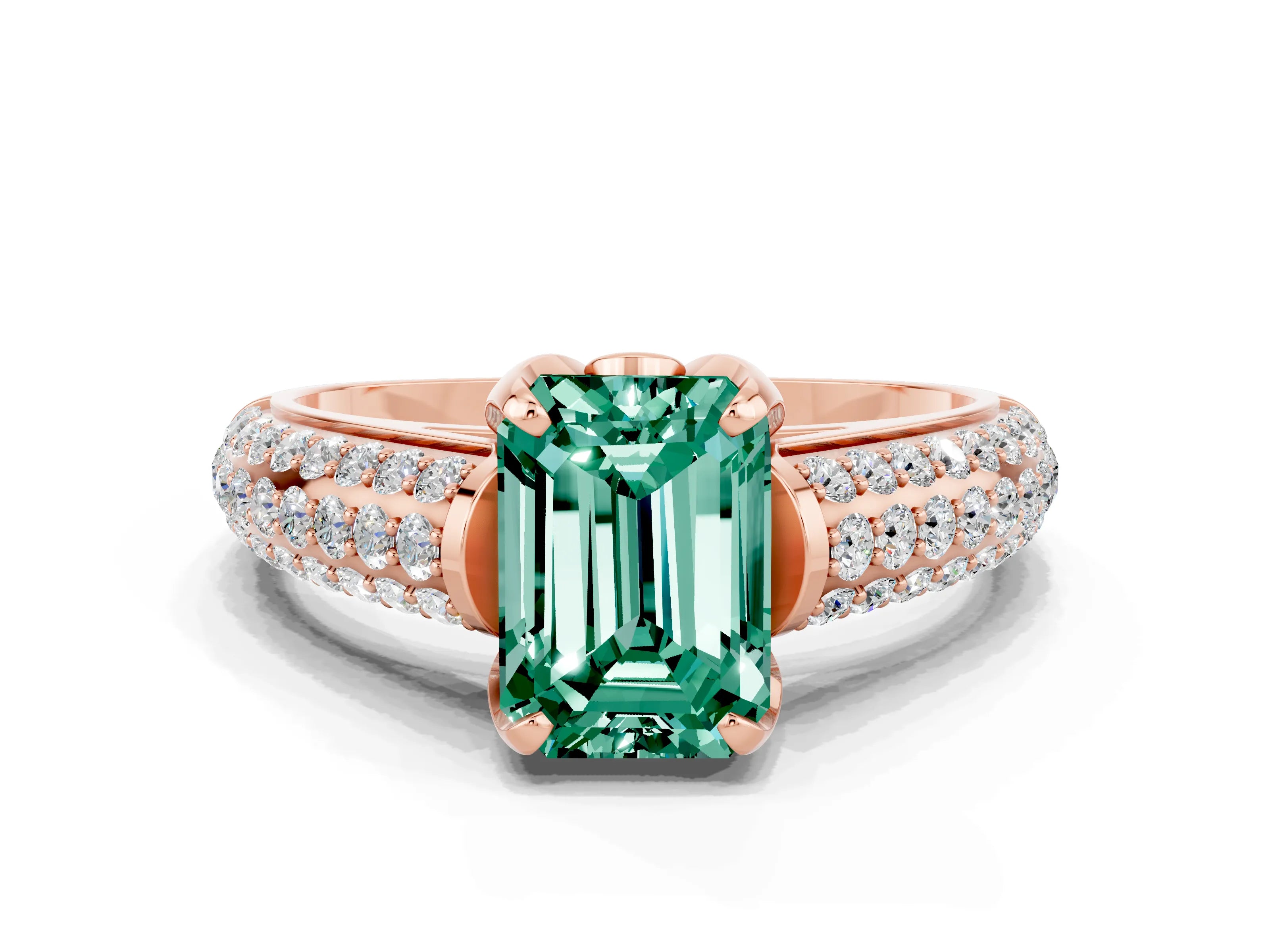 Rose gold Emerald Cut Green Sapphire Solitaire Ring with Three-Row Pavé Band and Four-Prong Setting_12