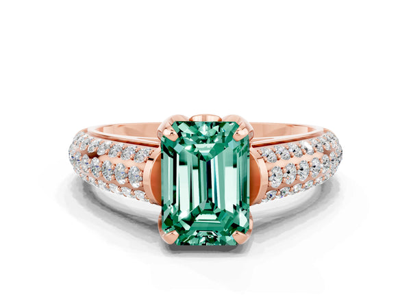 Rose gold Emerald Cut Green Sapphire Solitaire Ring with Three-Row Pavé Band and Four-Prong Setting