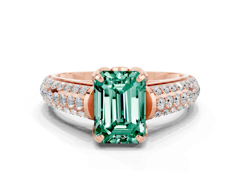 Rose gold Emerald Cut Green Sapphire Solitaire Ring with Three-Row Pavé Band and Four-Prong Setting_12
