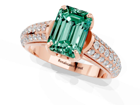 Rose gold Emerald Cut Green Sapphire Solitaire Ring with Three-Row Pavé Band and Four-Prong Setting_13