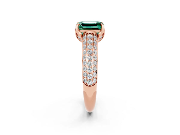 Rose gold Emerald Cut Green Sapphire Solitaire Ring with Three-Row Pavé Band and Four-Prong Setting