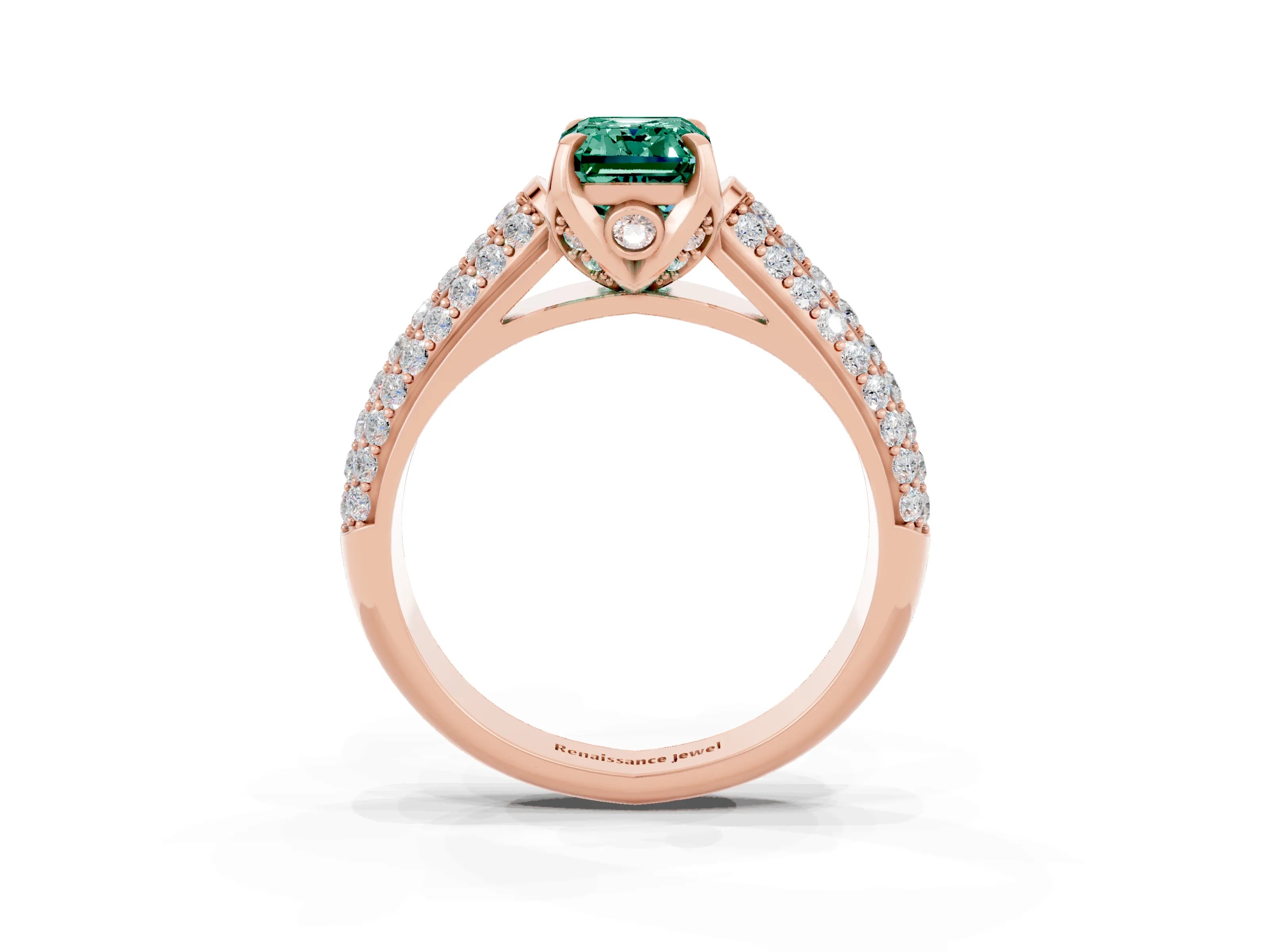 Rose gold Emerald Cut Green Sapphire Solitaire Ring with Three-Row Pavé Band and Four-Prong Setting_15