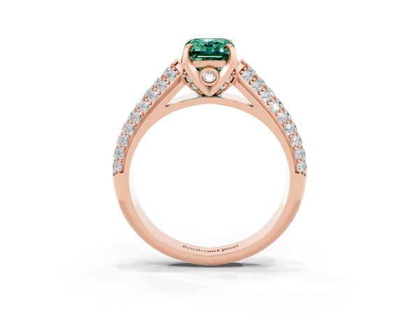 Rose gold Emerald Cut Green Sapphire Solitaire Ring with Three-Row Pavé Band and Four-Prong Setting