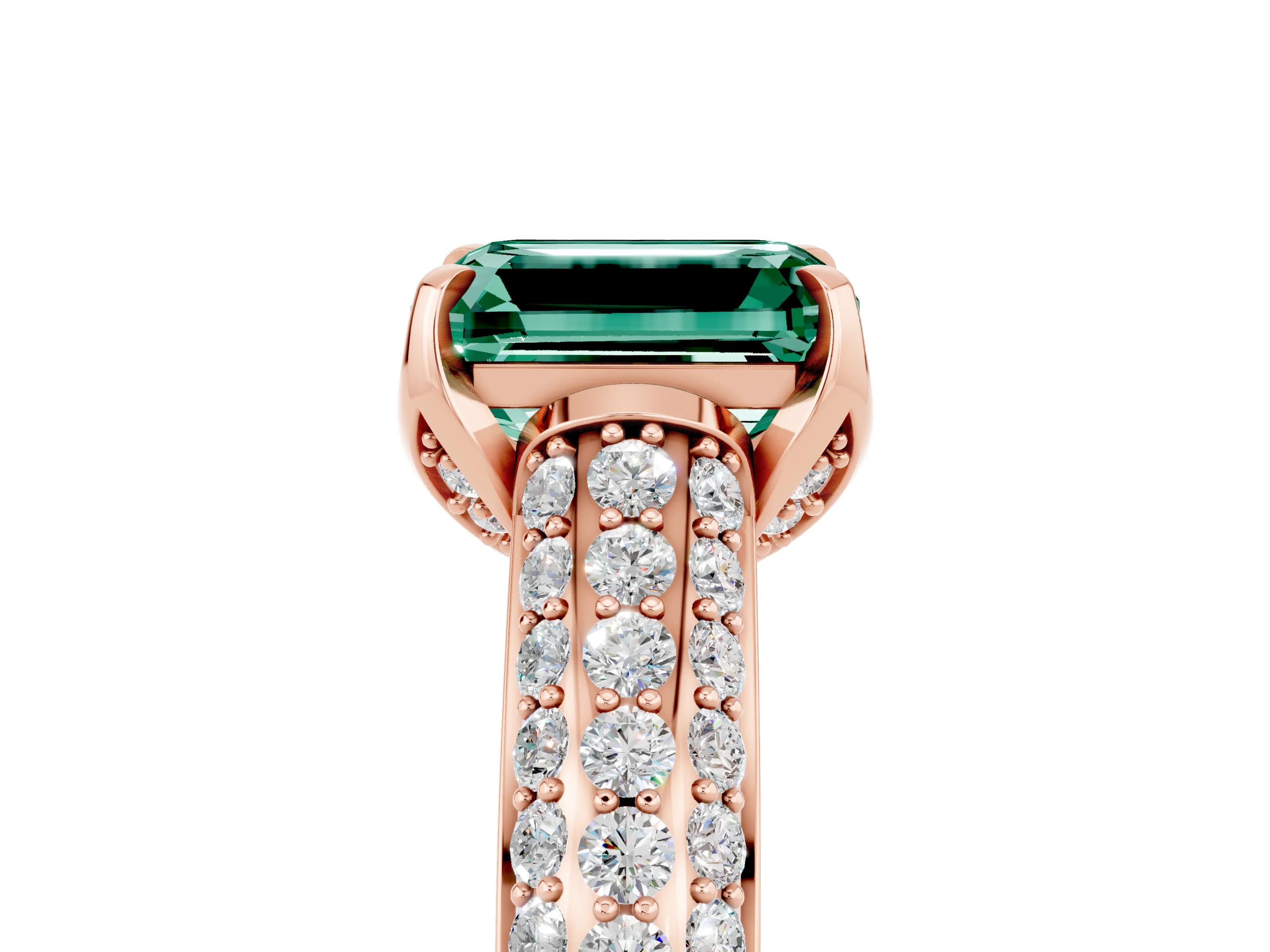 Rose gold Emerald Cut Green Sapphire Solitaire Ring with Three-Row Pavé Band and Four-Prong Setting_17