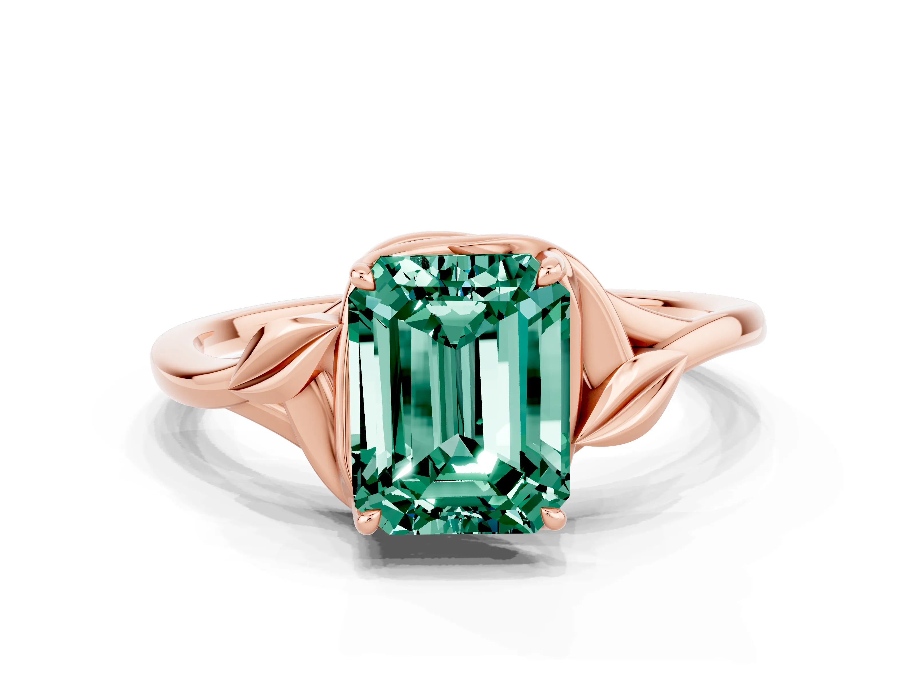 Rose gold Emerald Cut Green Sapphire Solitaire Ring with Twist Band and Four-Prong Setting_36