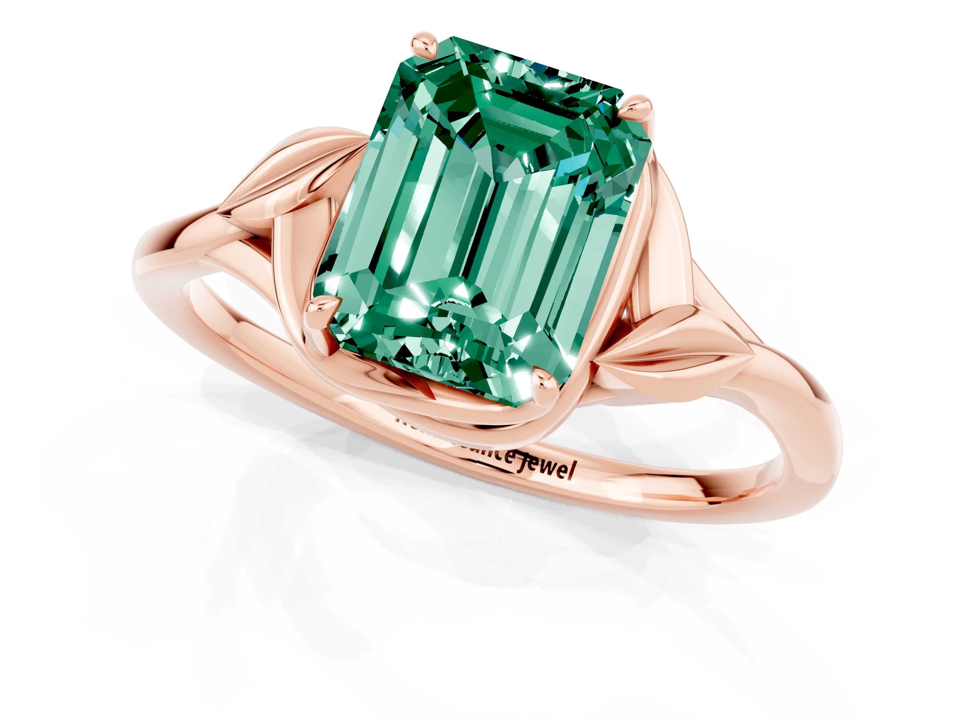 Rose gold Emerald Cut Green Sapphire Solitaire Ring with Twist Band and Four-Prong Setting_37