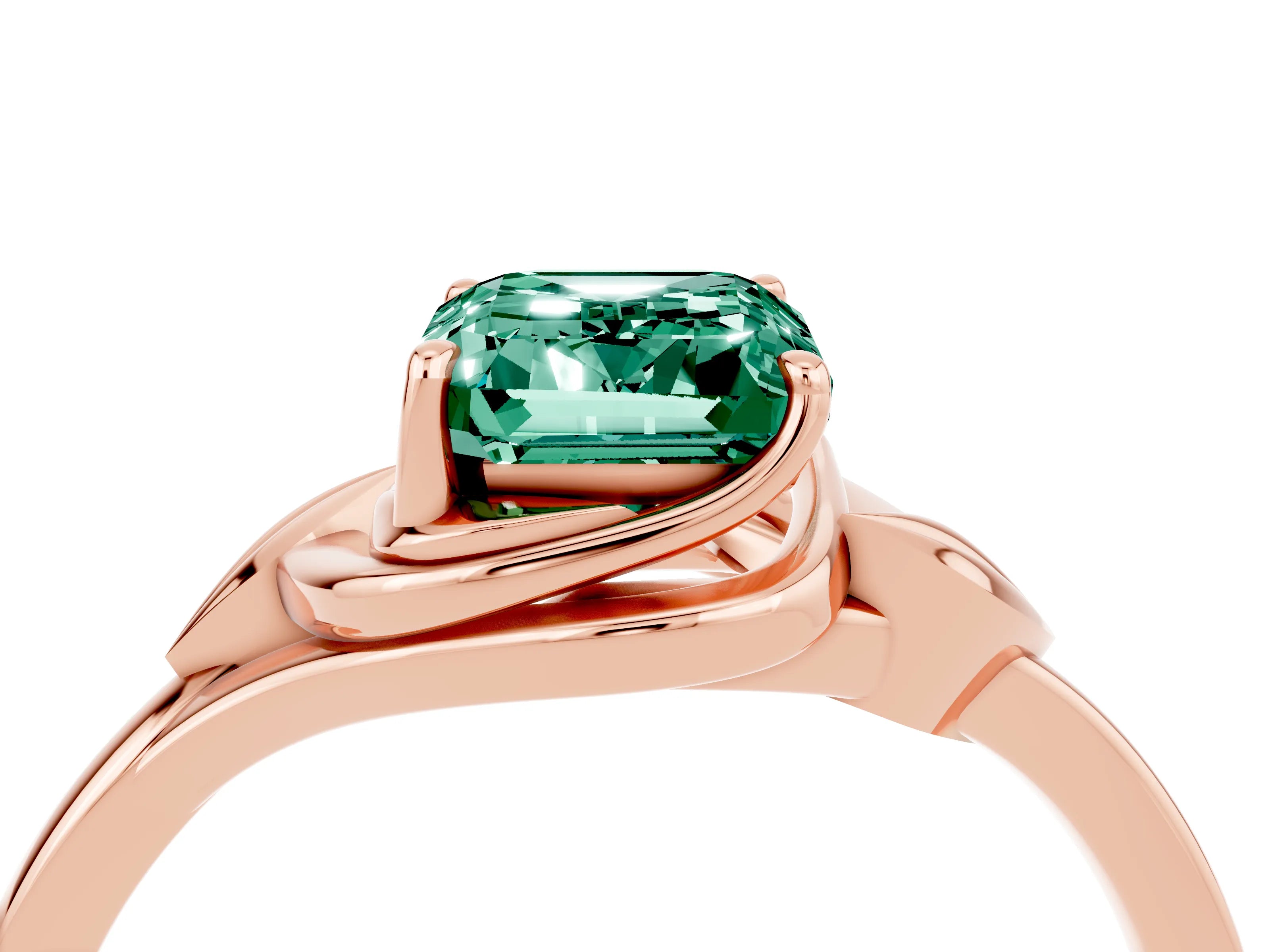 Rose gold Emerald Cut Green Sapphire Solitaire Ring with Twist Band and Four-Prong Setting_40