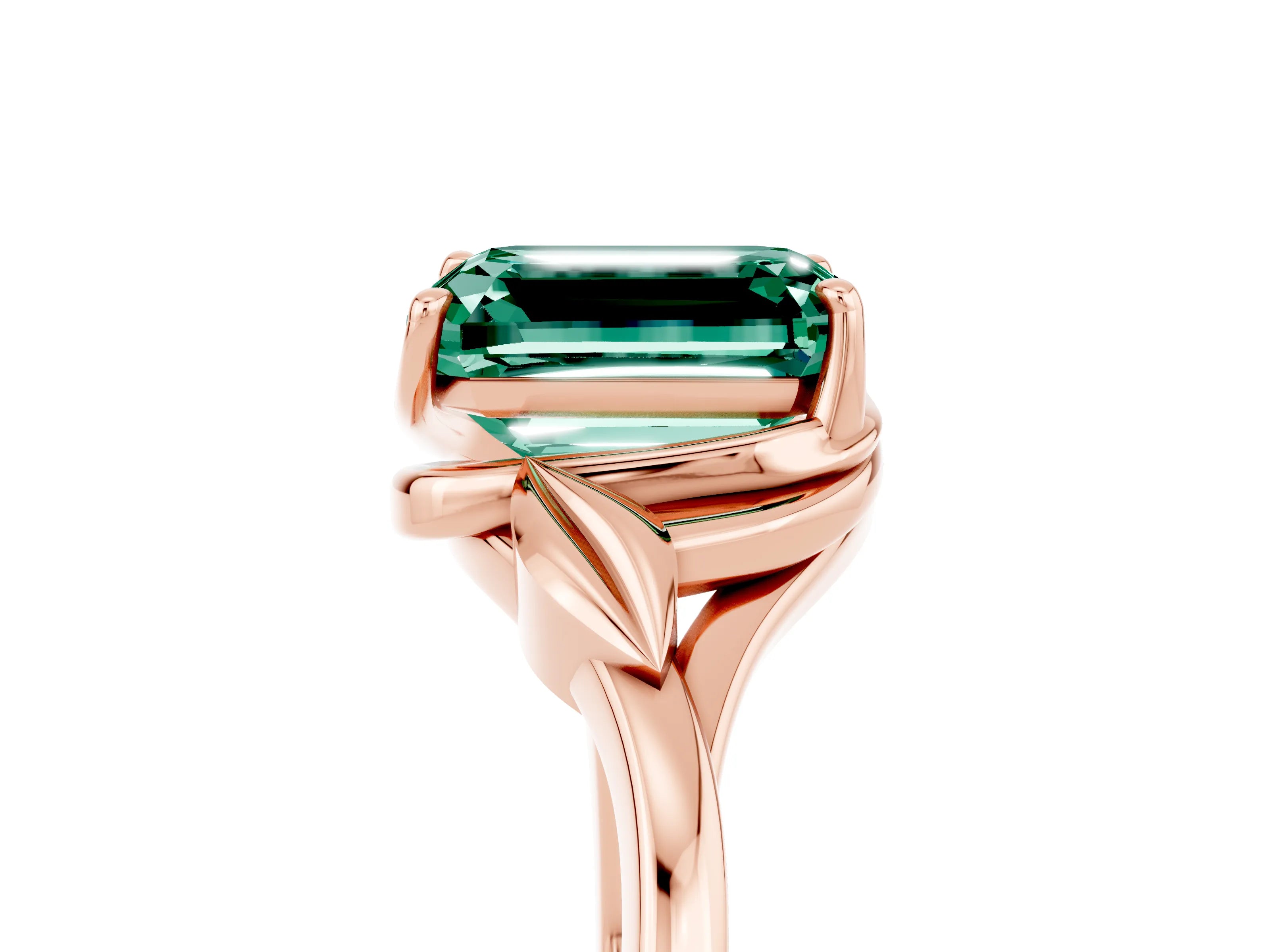 Rose gold Emerald Cut Green Sapphire Solitaire Ring with Twist Band and Four-Prong Setting_41