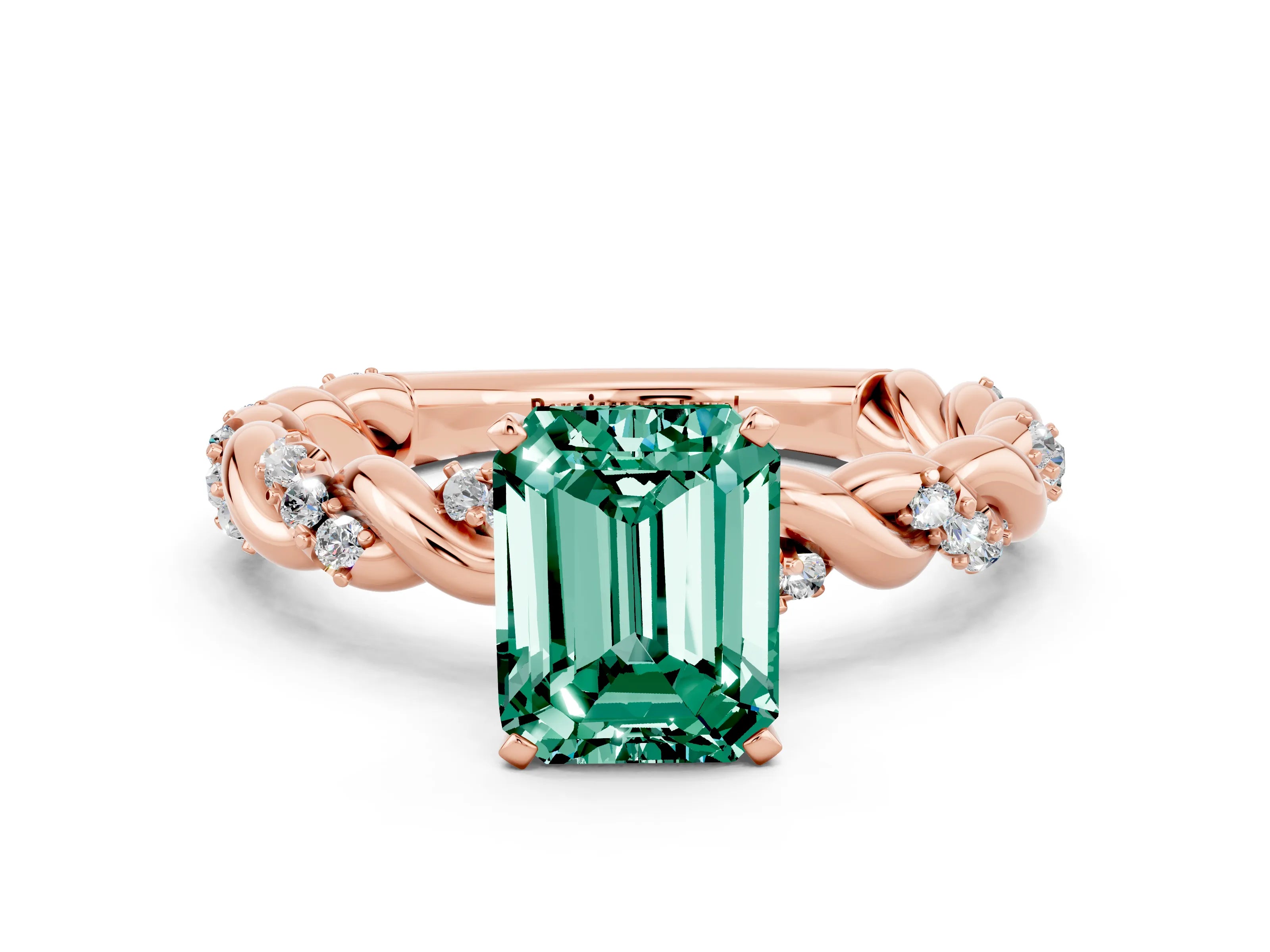 Rose gold Emerald Cut Green Sapphire Solitaire Ring with Twisted Band and Pavé Accents