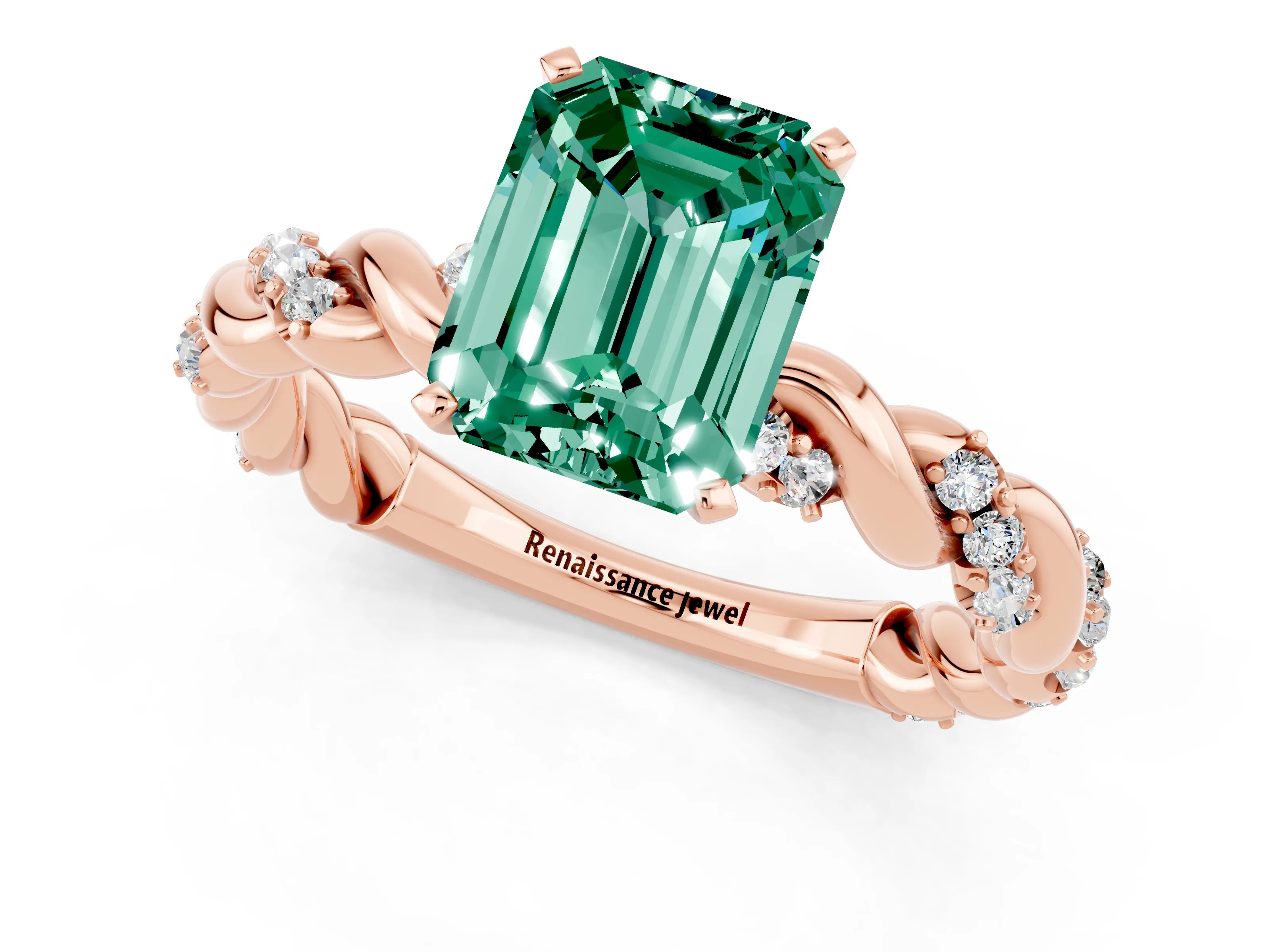 Rose gold Emerald Cut Green Sapphire Solitaire Ring with Twisted Band and Pavé Accents_1