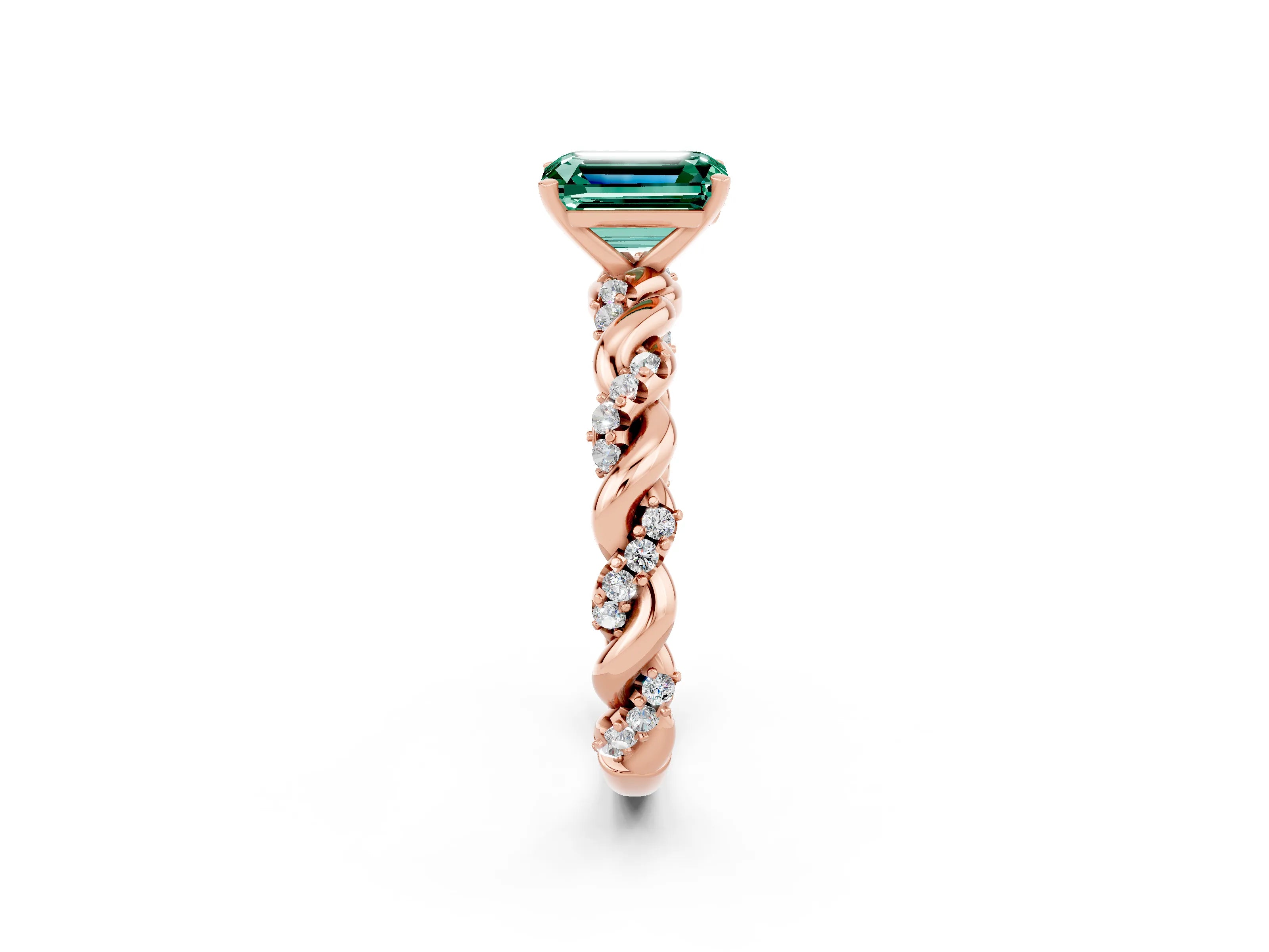 Rose gold Emerald Cut Green Sapphire Solitaire Ring with Twisted Band and Pavé Accents_2