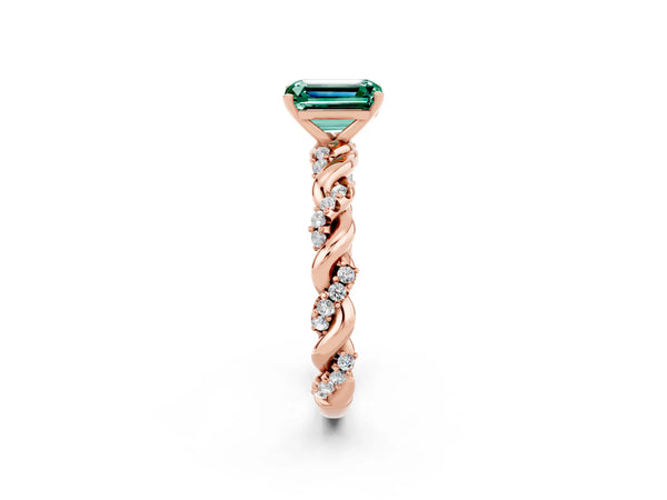 Rose gold Emerald Cut Green Sapphire Solitaire Ring with Twisted Band and Pavé Accents