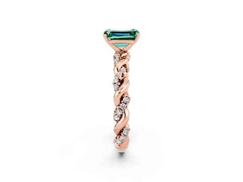 Rose gold Emerald Cut Green Sapphire Solitaire Ring with Twisted Band and Pavé Accents_2