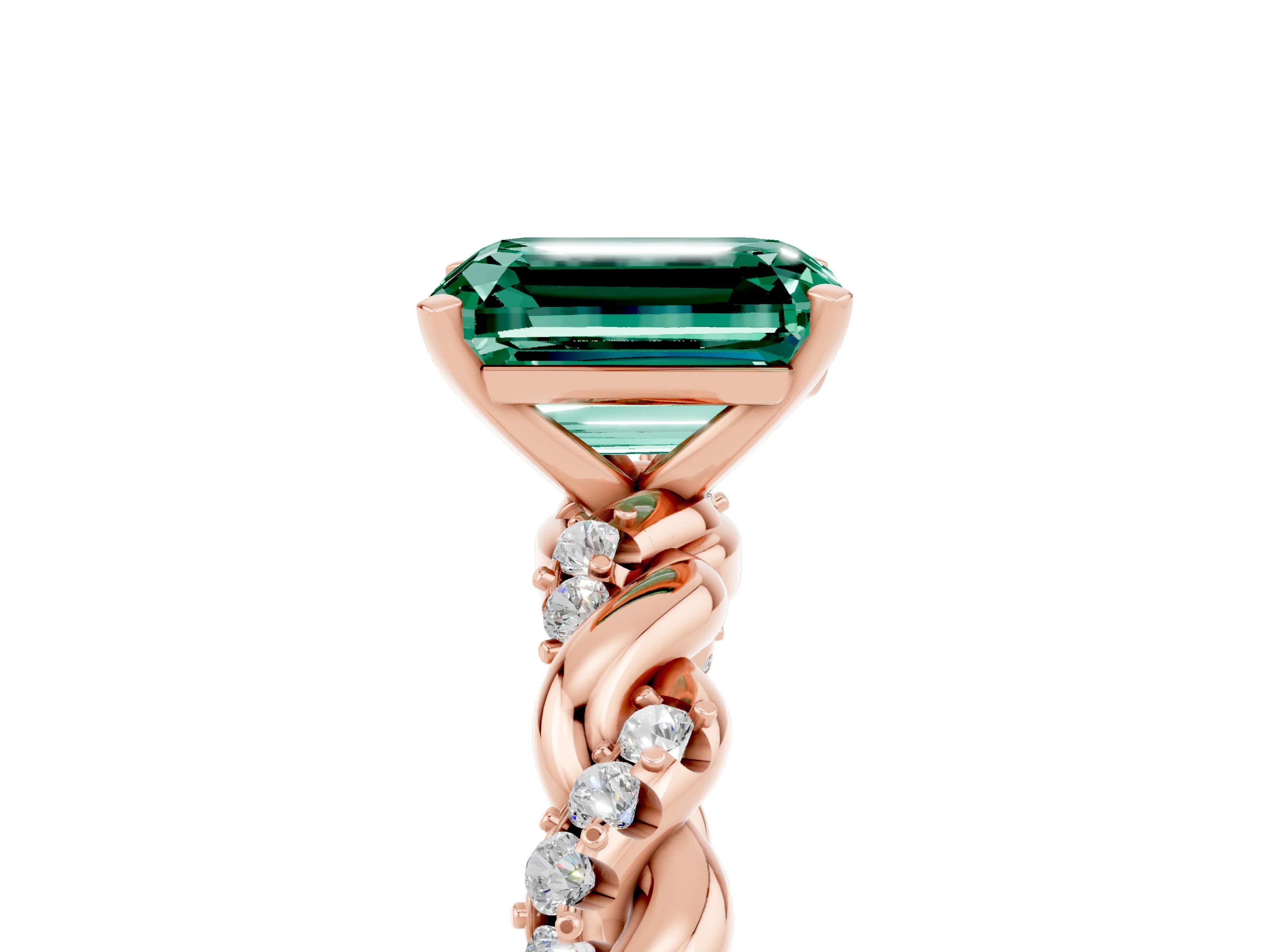 Rose gold Emerald Cut Green Sapphire Solitaire Ring with Twisted Band and Pavé Accents_5