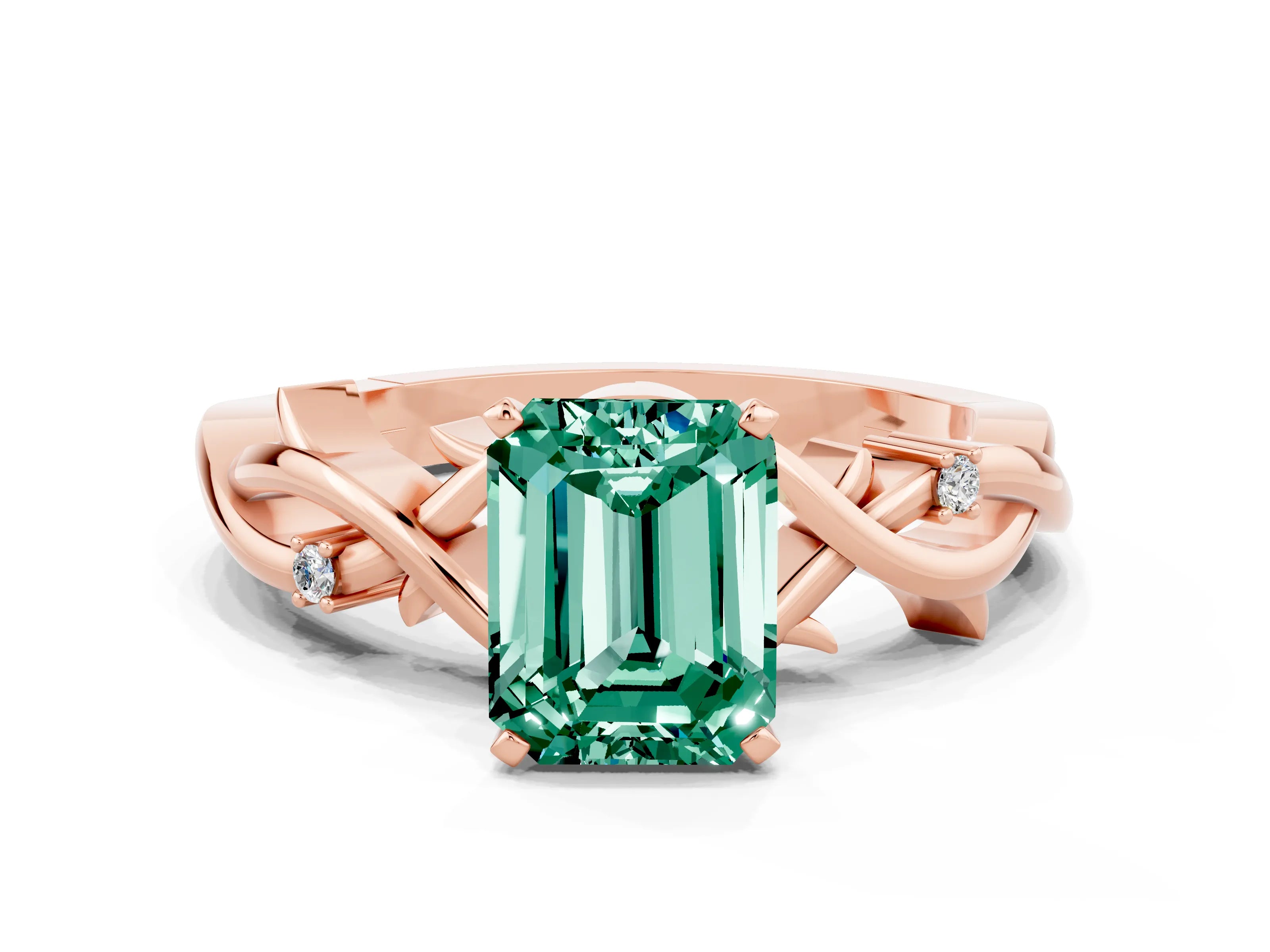 Rose gold Emerald Cut Green Sapphire Solitaire Ring with Twisted Band and Prong Setting