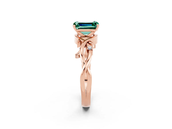Rose gold Emerald Cut Green Sapphire Solitaire Ring with Twisted Band and Prong Setting