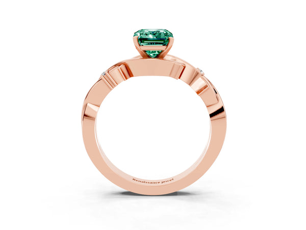 Rose gold Emerald Cut Green Sapphire Solitaire Ring with Twisted Band and Prong Setting