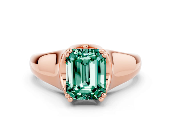 Rose gold Emerald Cut Green Sapphire Solitaire Ring with Wide Band and Prong Setting