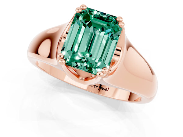 Rose gold Emerald Cut Green Sapphire Solitaire Ring with Wide Band and Prong Setting
