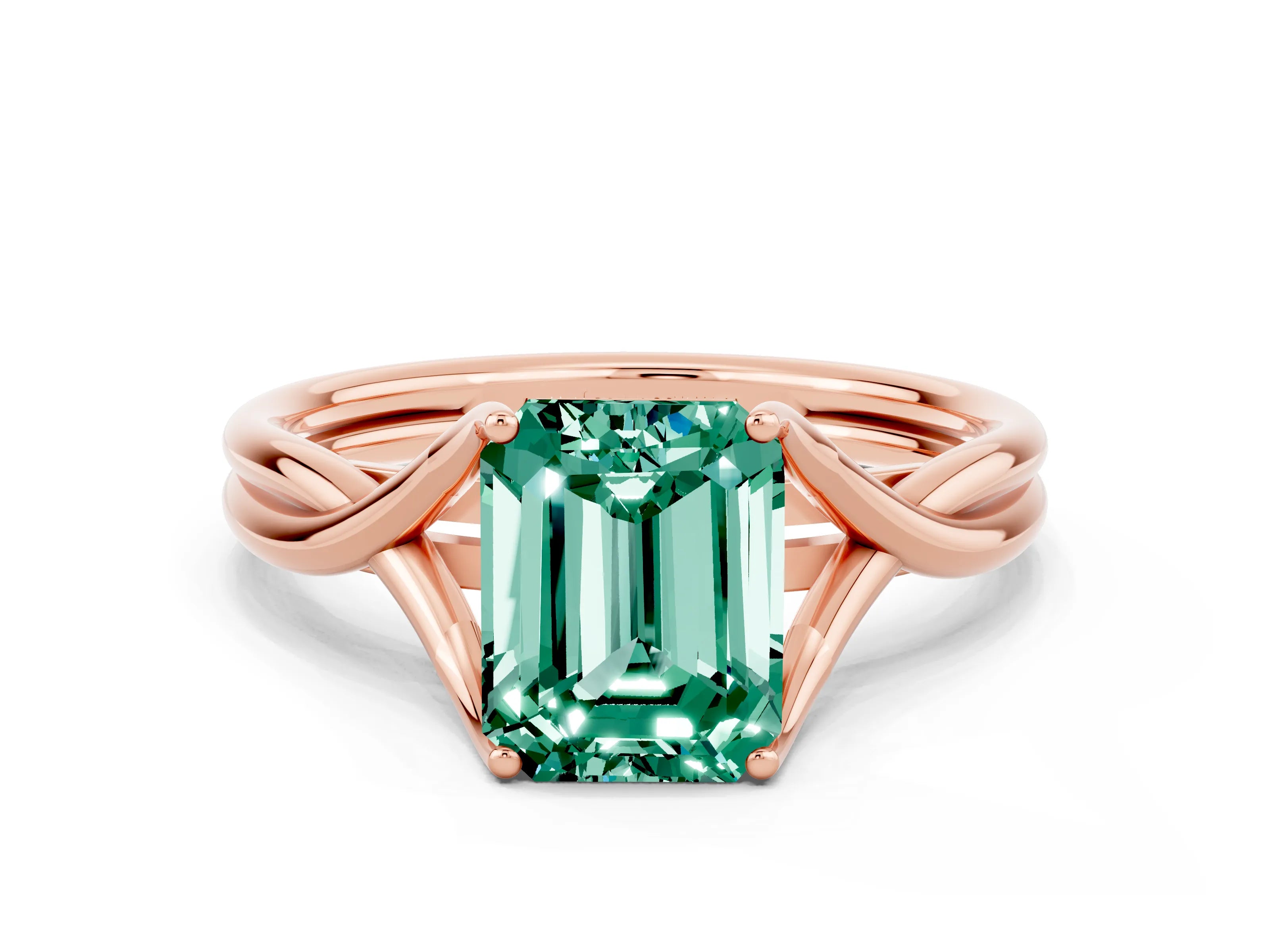 Rose gold Emerald Cut Green Sapphire Solitaire Twist Band Prong Setting Ring_48