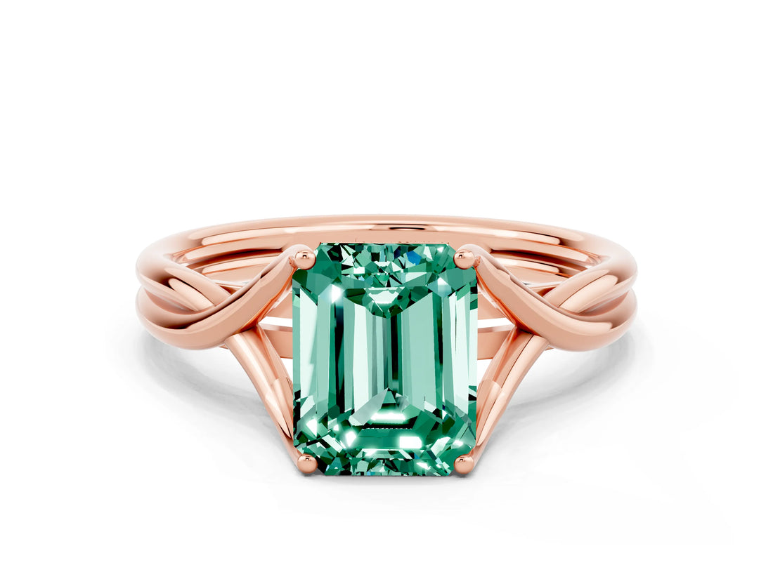 Rose gold Emerald Cut Green Sapphire Solitaire Twist Band Prong Setting Ring_48
