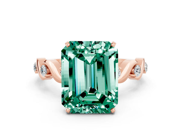 Rose gold Emerald Cut Green Sapphire Solitaire Twisted Band with Round  Accents and Prong Setting