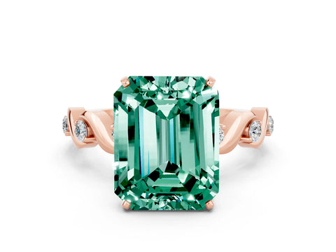 Rose gold Emerald Cut Green Sapphire Solitaire Twisted Band with Round  Accents and Prong Setting_12