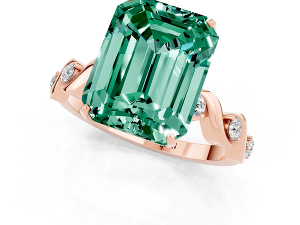 Rose gold Emerald Cut Green Sapphire Solitaire Twisted Band with Round  Accents and Prong Setting