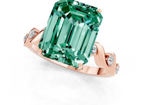 Rose gold Emerald Cut Green Sapphire Solitaire Twisted Band with Round  Accents and Prong Setting_13