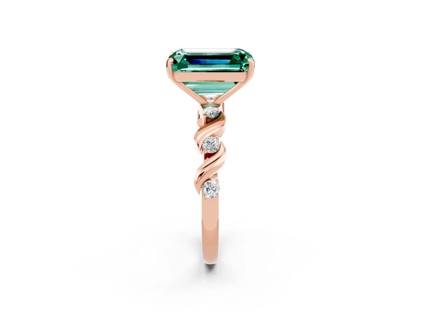 Rose gold Emerald Cut Green Sapphire Solitaire Twisted Band with Round  Accents and Prong Setting