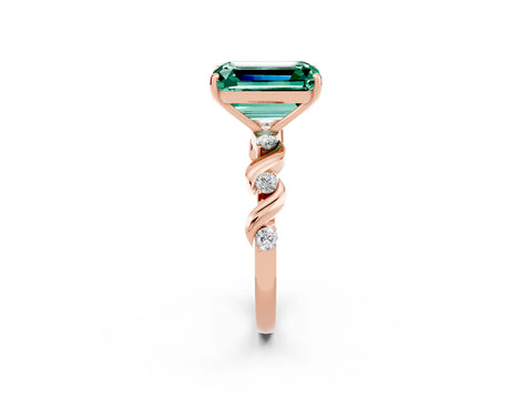 Rose gold Emerald Cut Green Sapphire Solitaire Twisted Band with Round  Accents and Prong Setting_14