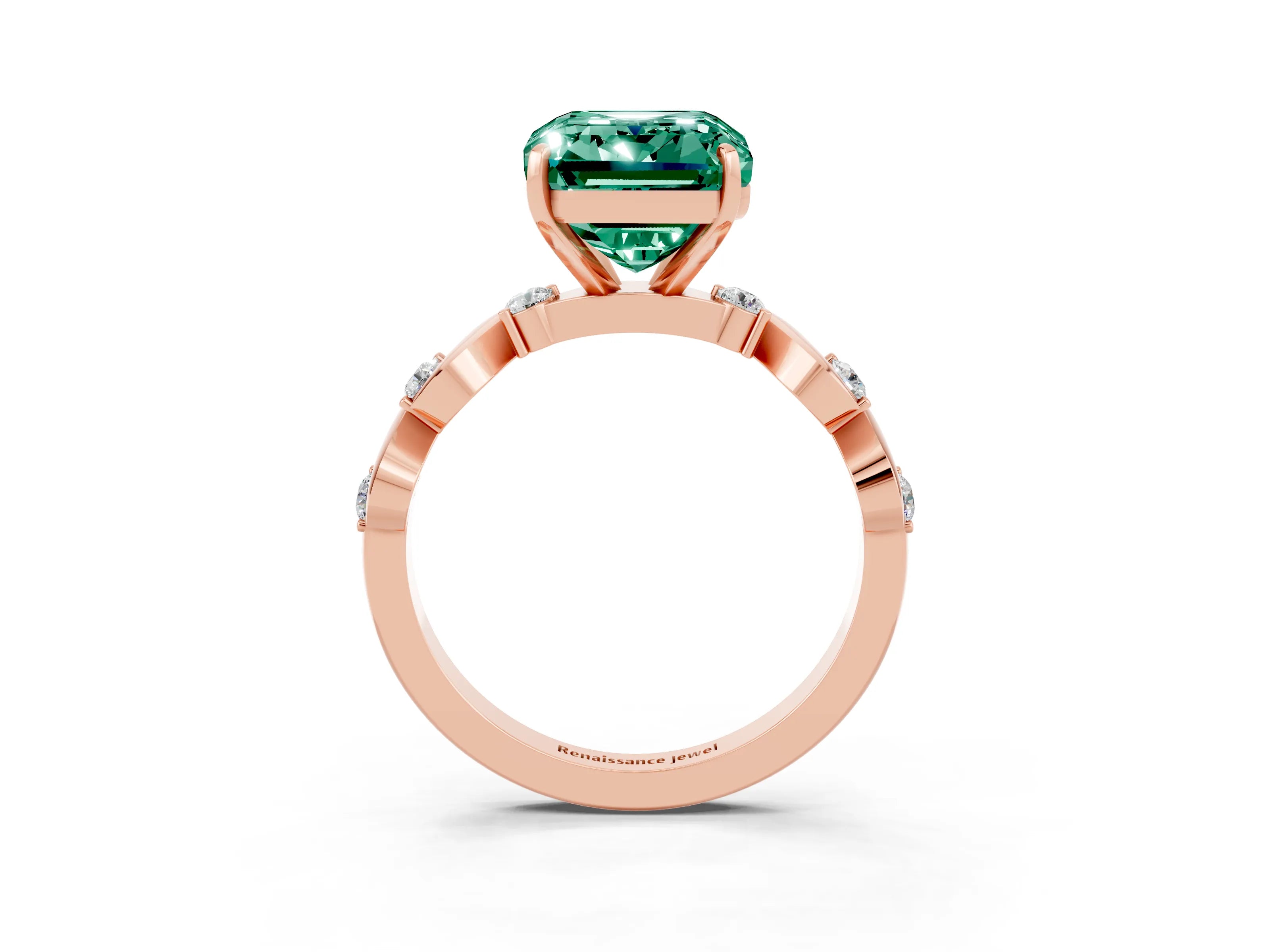 Rose gold Emerald Cut Green Sapphire Solitaire Twisted Band with Round  Accents and Prong Setting_15