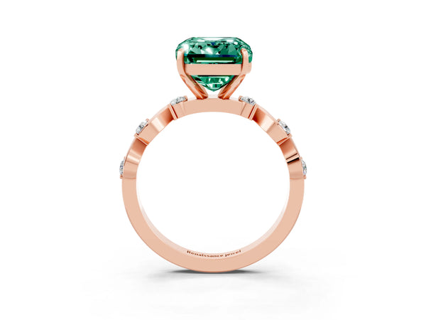 Rose gold Emerald Cut Green Sapphire Solitaire Twisted Band with Round  Accents and Prong Setting