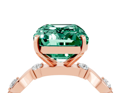 Rose gold Emerald Cut Green Sapphire Solitaire Twisted Band with Round  Accents and Prong Setting_16