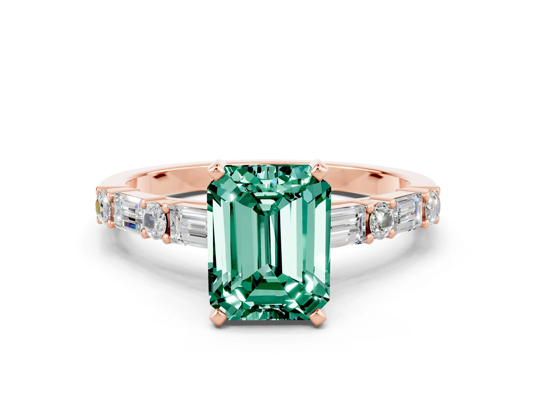 Rose gold Emerald Cut Green Sapphire Solitaire with Side Baguettes and Channel Set Band