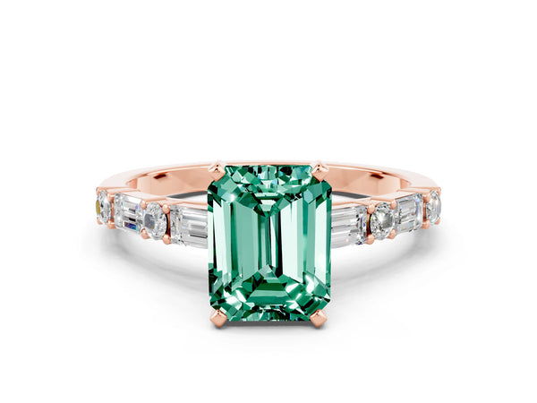 Rose gold Emerald Cut Green Sapphire Solitaire with Side Baguettes and Channel Set Band