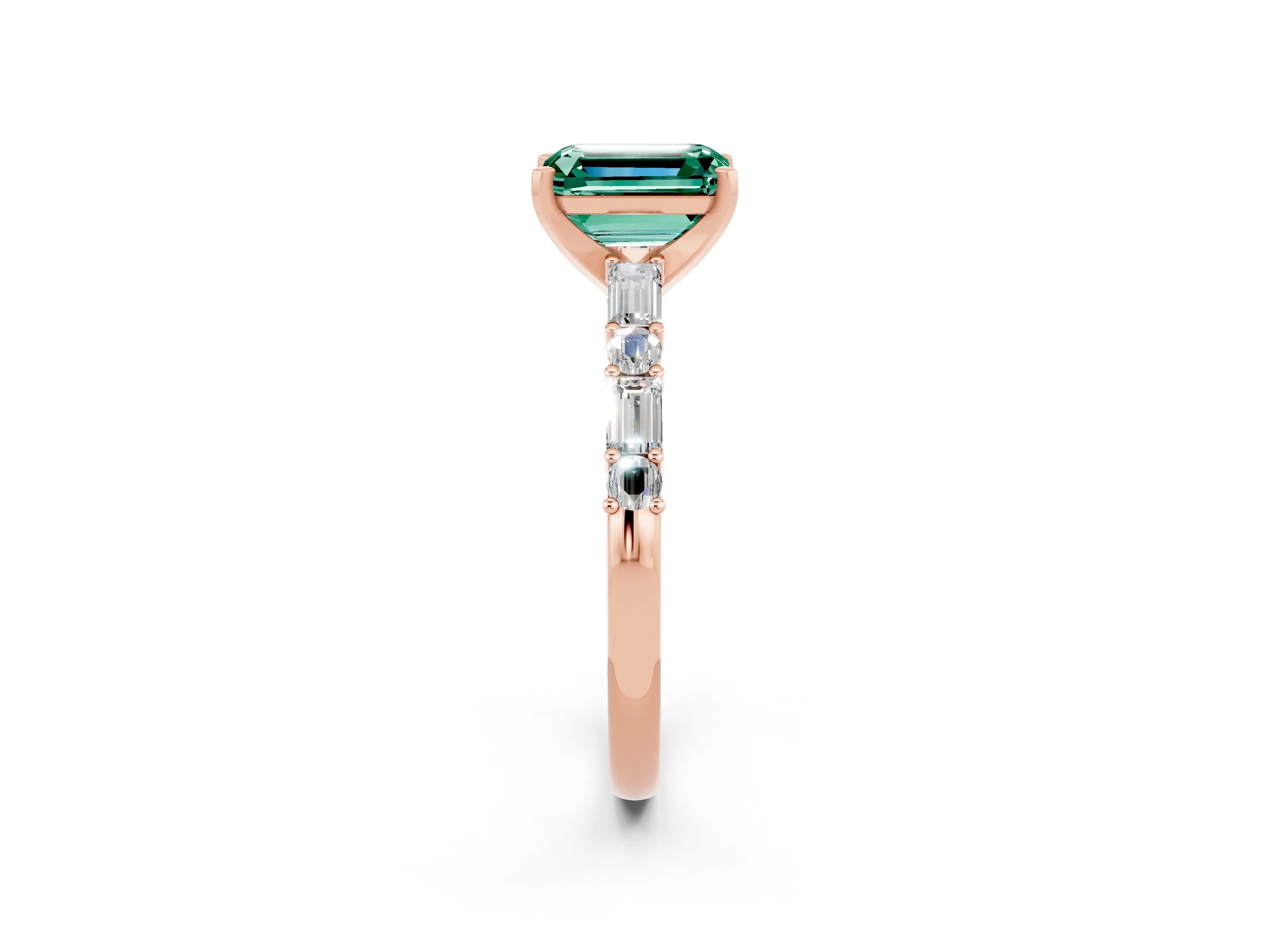 Rose gold Emerald Cut Green Sapphire Solitaire with Side Baguettes and Channel Set Band_2
