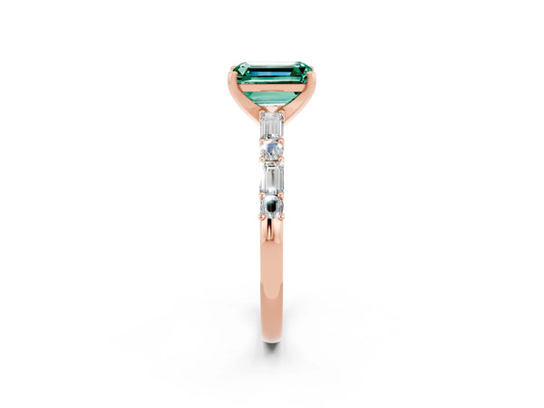 Rose gold Emerald Cut Green Sapphire Solitaire with Side Baguettes and Channel Set Band