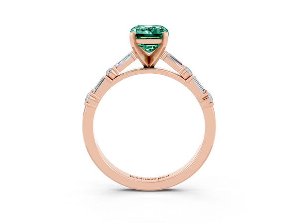 Rose gold Emerald Cut Green Sapphire Solitaire with Side Baguettes and Channel Set Band