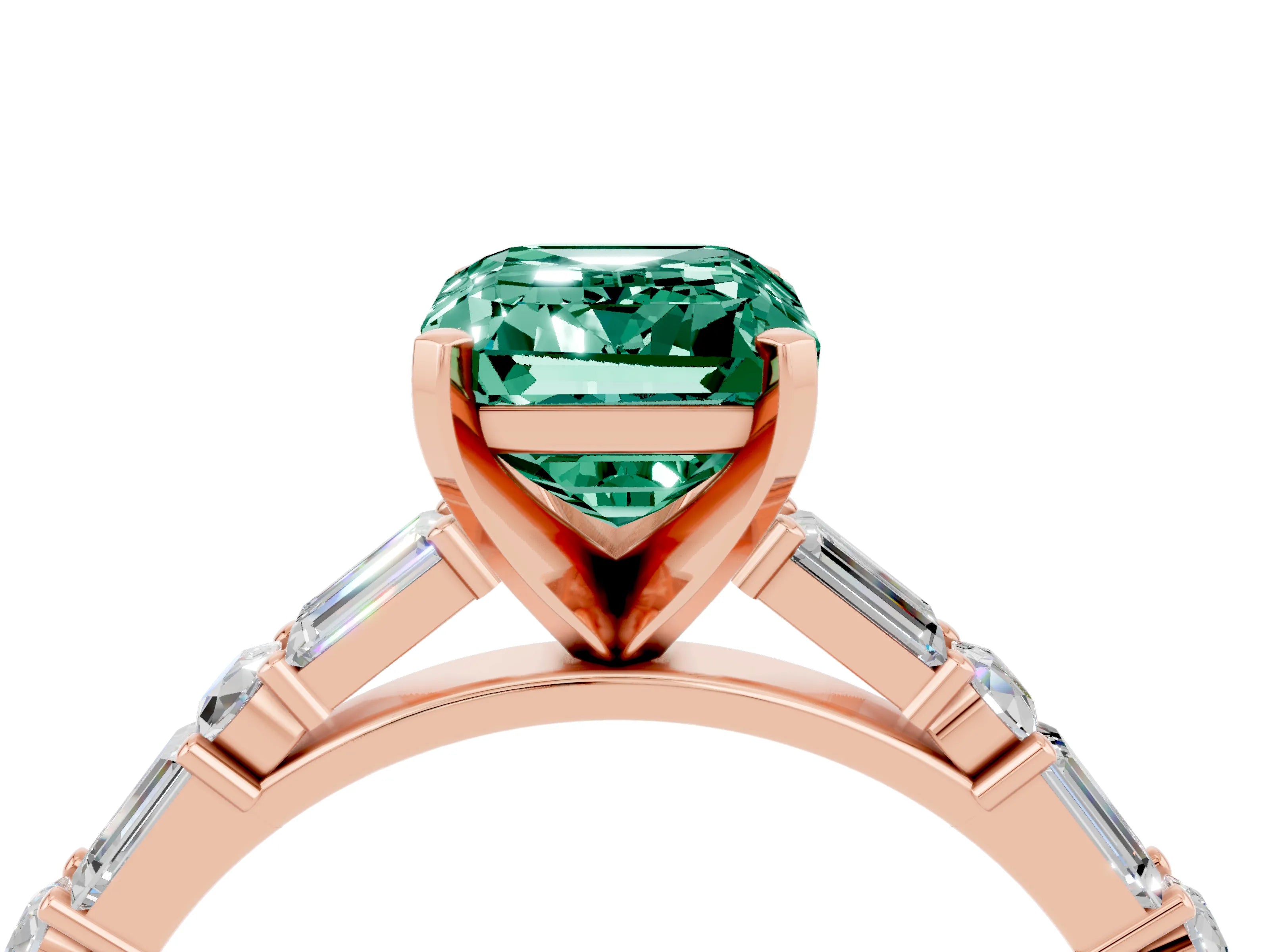 Rose gold Emerald Cut Green Sapphire Solitaire with Side Baguettes and Channel Set Band_4