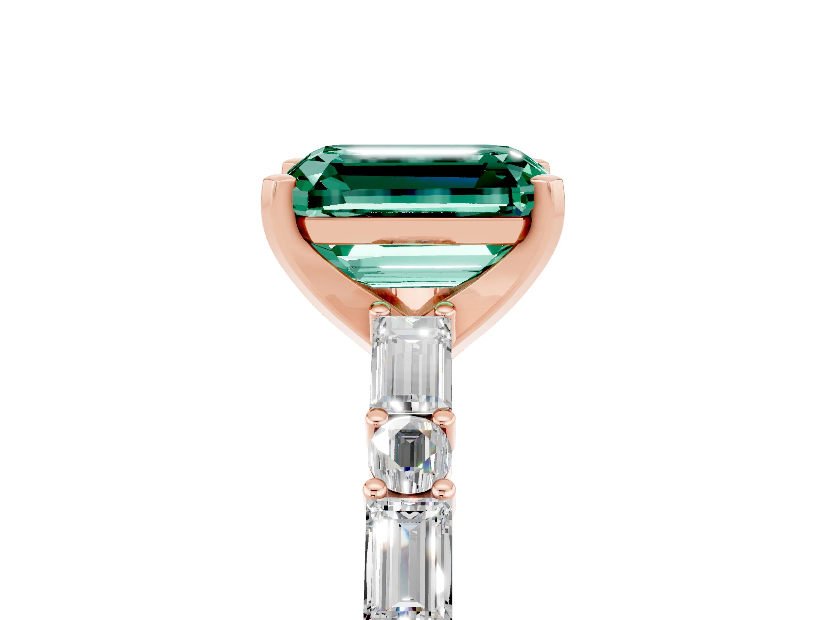 Rose gold Emerald Cut Green Sapphire Solitaire with Side Baguettes and Channel Set Band_5