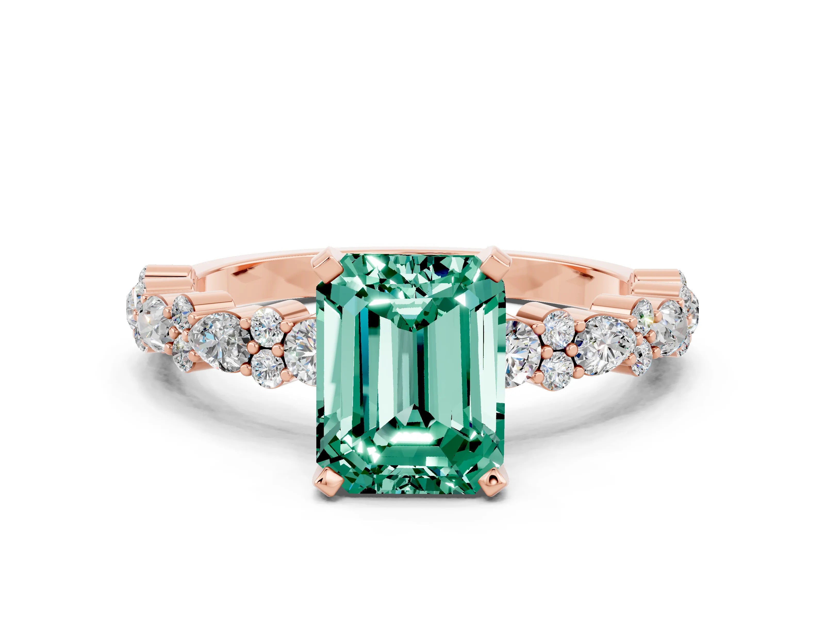 Rose gold Emerald Cut Green Sapphire Solitaire with Side Stones, Pave Band, Four-Prong Setting_36
