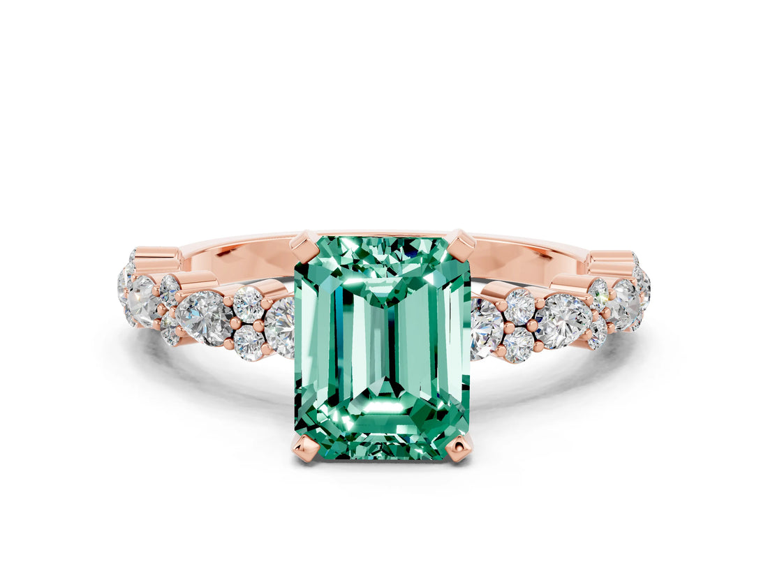 Rose gold Emerald Cut Green Sapphire Solitaire with Side Stones, Pave Band, Four-Prong Setting_36