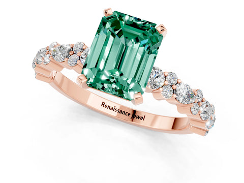 Rose gold Emerald Cut Green Sapphire Solitaire with Side Stones, Pave Band, Four-Prong Setting_37