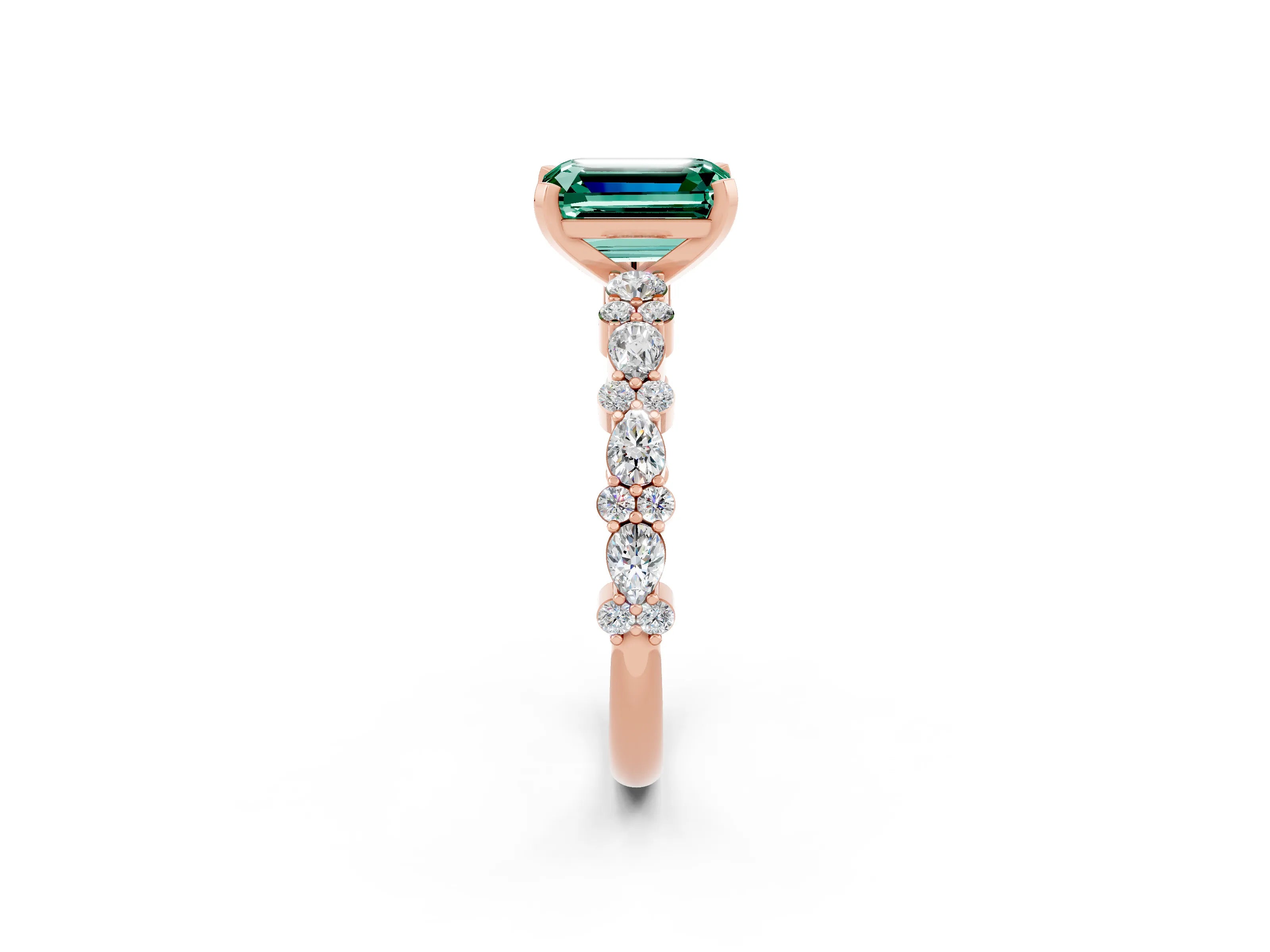 Rose gold Emerald Cut Green Sapphire Solitaire with Side Stones, Pave Band, Four-Prong Setting_38