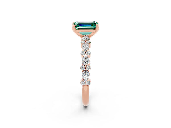 Rose gold Emerald Cut Green Sapphire Side Stone Solitaire Ring with Round  and Four-Prong Setting